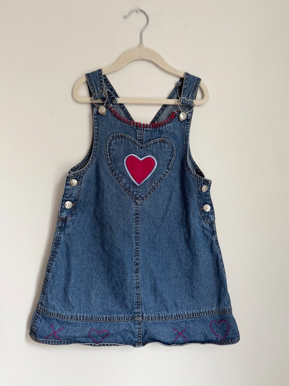 Vintage-Style Denim Pinafore Jumper Dress with Darling Heart Embroidery Details